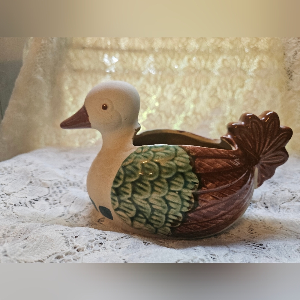 Charming Vintage Duck Planter Ceramic Figurine Tan and Brown Home Decor